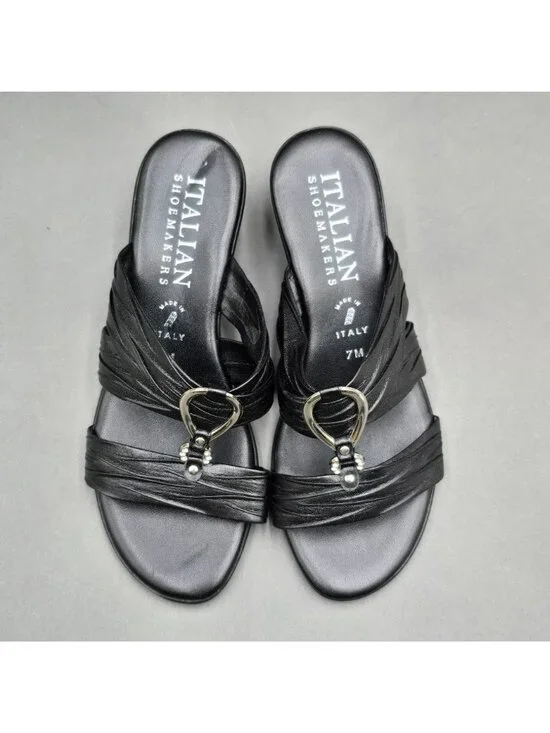 Italian Shoemakers Aleena Black Wedge Sandals Size 7 M Rhinestone Detail Slide - Picture 2 of 8